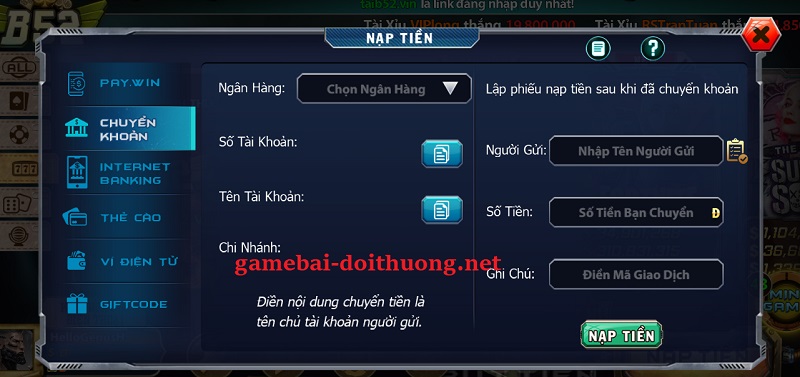 Hướng dẫn cách nạp tiền nhanh tại cổng game bài B52 Club