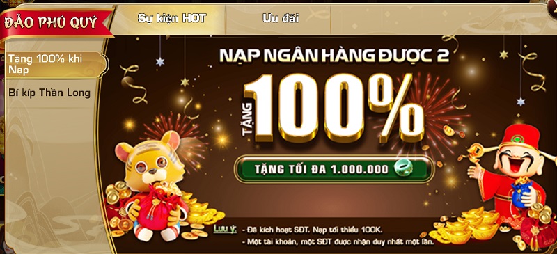 Thưởng nạp ngân hàng, nạp 1 được 2 tối đa lên đến 1.000.000 VNĐ