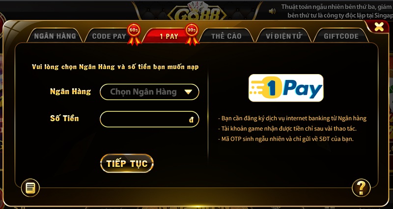 Nạp tiền vào cổng game thông qua 1Pay