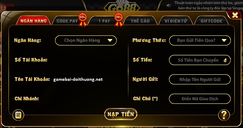 Nạp tiền vào cổng game thông qua ngân hàng