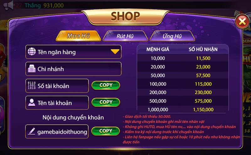 Nạp tiền vào tài khoản cổng game nổ hũ ăn tiền thật qua Bank