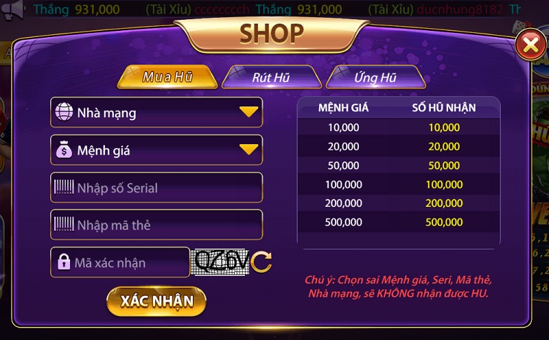 Nạp tiền vào tài khoản cổng game nổ hũ này qua Thẻ cào