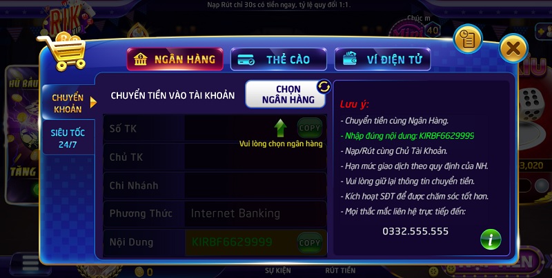 Nạp tiền vào ví game Rikvip cực dễ dàng và nhanh chóng