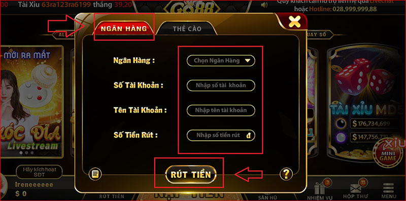 Chọn hình thức rút tiền bằng Ngân hàng tại Go88
