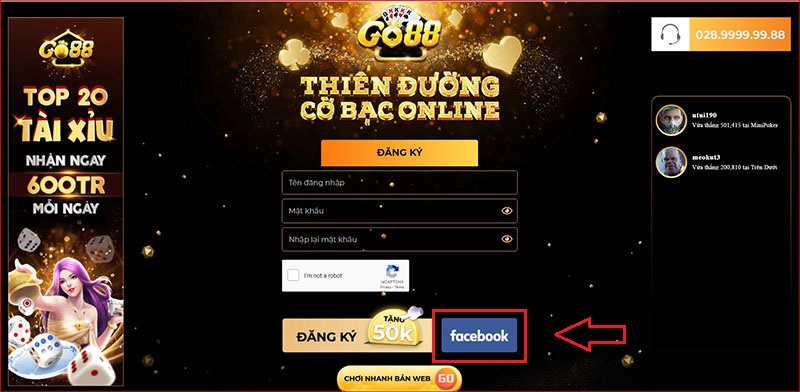 Nhấn chọn đăng ký tài khoản bằng Facebook tại Go88