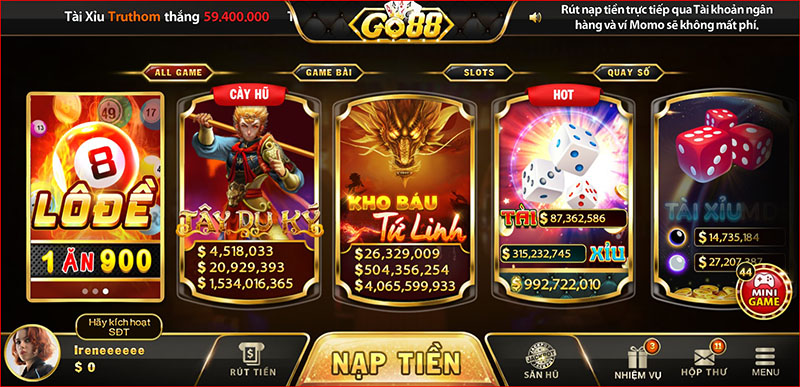 Giao diện khi tham gia chơi game tại Go88