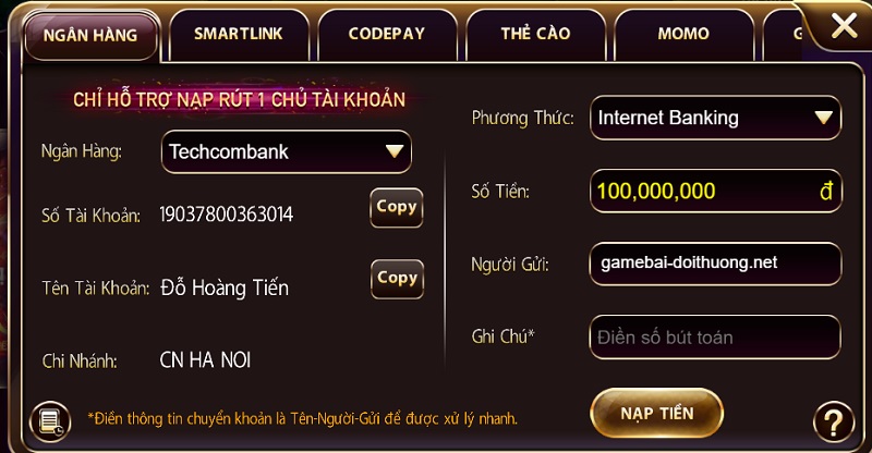 Hướng dẫn nạp tiền bằng phương thức ngân hàng tại V8 Club