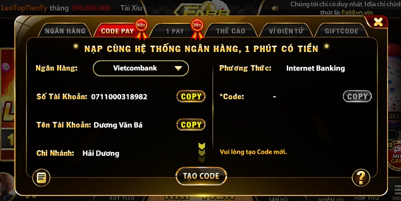 Hướng dẫn nạp tiền vào tài khoản game bài uy tín Fa88