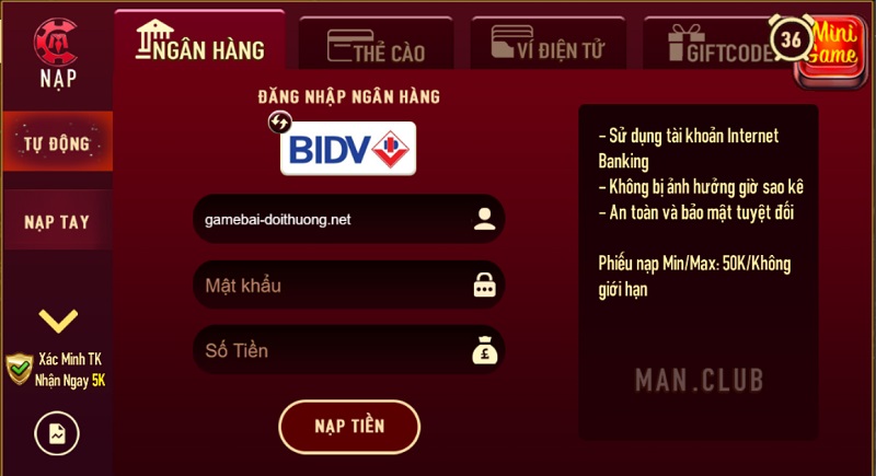 Nạp tiền Man Club với 4 hình thức: Ngân hàng, Thẻ cào, Ví điện tử, Giftcode