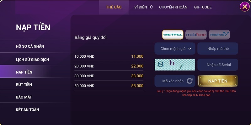 Hướng dẫn nạp tiền vào cổng game nổ hũ uy tín OK88 qua thẻ cào