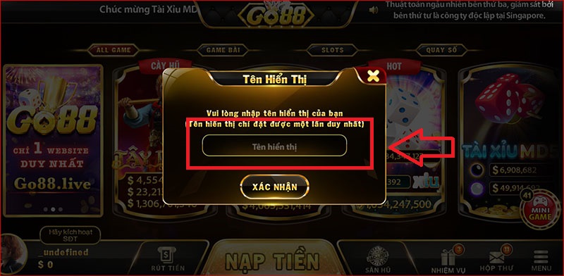 Nhập tên hiển thị tại cổng game Go88