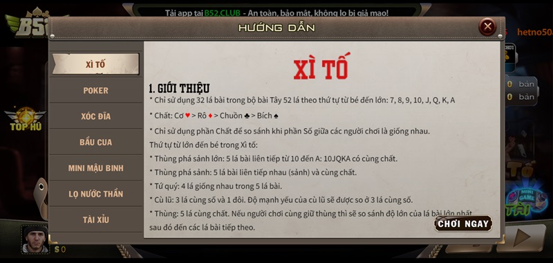 Luật chơi xì tố tại cổng game bài ăn tiền B52 Club