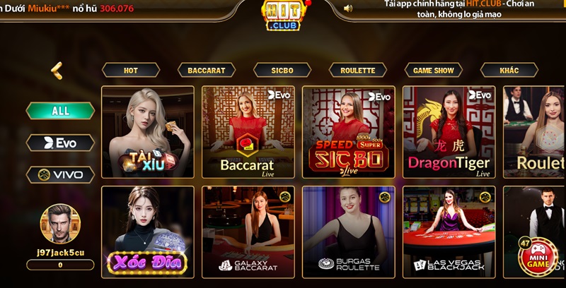 Trải nghiệm vô số game tại sảnh Casino Hit Club